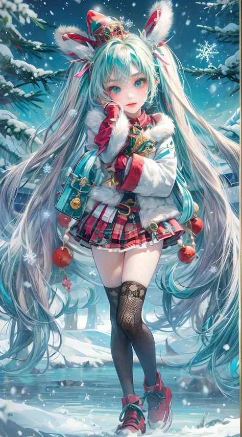 Absurdres masterpiece HDR high quality picture of Hatsune Miku, very young age girl 14 years old with detailed face, simple hair design , beautiful face, simple pose hands hiding in her long hair and clothes, very long hair, ((random hair style:1 )) , anim...