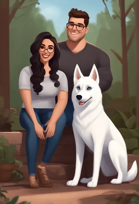 Pixar. Couple with a female white husky dog. A menina branca tem os cabelos castanho com mecha branca solto, Camiseta cinza e jeans claro. The boy is black with curly black hair, barba pequena, oculos, Dark blue jeans and gray t-shirt. They are both smilin...