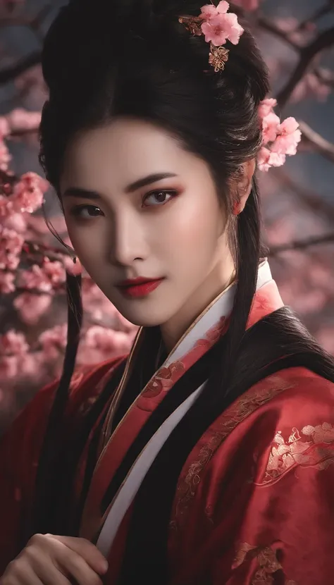 Danfeng Eyes，bushido，The upper part of the body，Black coiled hair，Simple hairpins，Cold eyes，solo person，orthofacial，frontage，Peach blossom background，Highly saturated colors，Hyper Real，8K high-definition，holding a longsword，Absolutely beautiful，high light，...