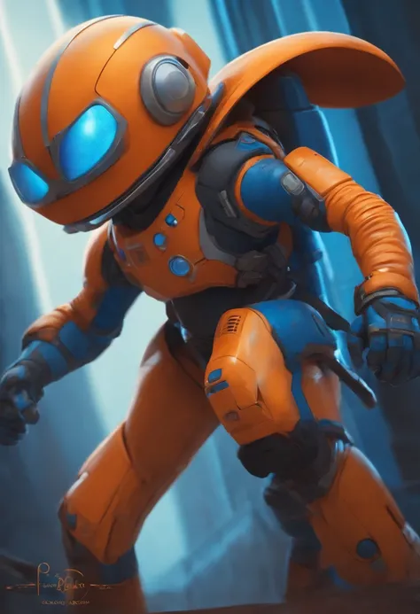 Personagem para em desenho estilo Pixar da Disney mostrando corpo inteiro com uma escada nas costas capacete com cores Azul e Laranja