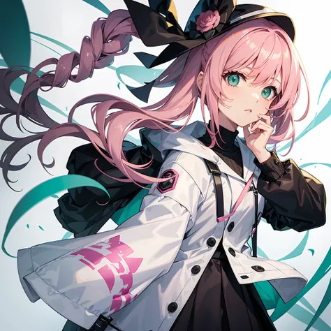 1 girl,pink hair styled into drills with green tips,weaing a black outfit with a white coat ontop