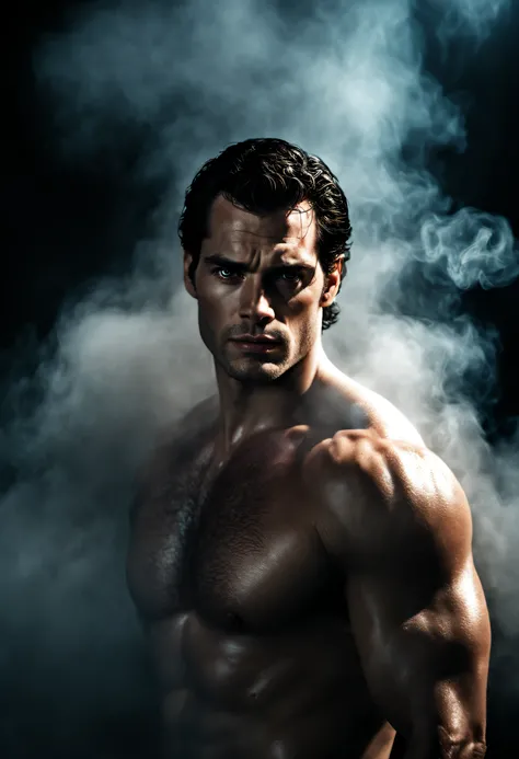 Photo RAW portrait handsome, Henry Cavill super man, piercing gaze,  high quality textures, high quality shadows, high detail, beautiful detail, fine detail, extremely detailed computer graphics, detailed textures, realistic faces, atmosphere of fear and u...