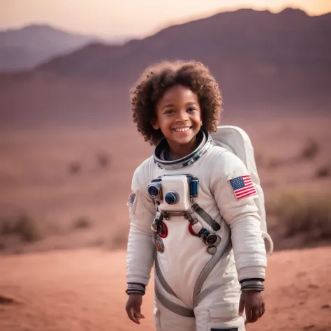 Smiling child with brown eyes curly hair of black skin astronaut suit on a glowing planet with smiling creatures