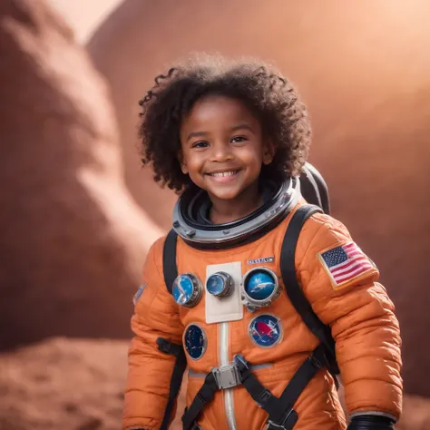 Smiling child with brown eyes curly hair of black skin astronaut suit on a glowing planet with smiling creatures