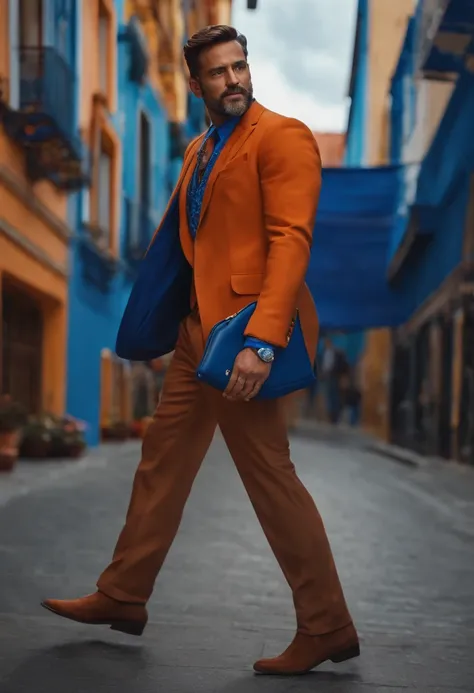 Personagem homem de 30 anos, estilo Pixar, corpo inteiro, alta qualidade, com uma escada nas costa, roupa com cores azul e laranja