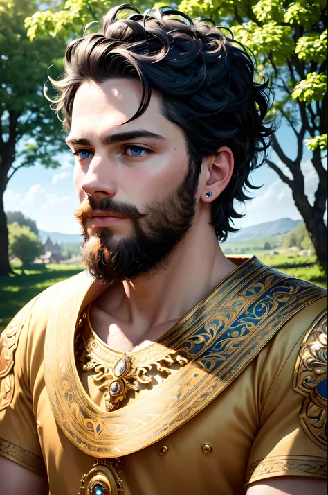 (best quality,4k,8k,highres,masterpiece:1.2),ultra-detailed,(realistic,photorealistic,photo-realistic:1.37),portrait,man,short black hair,piercing blue eyes,floating crown,garden,serene atmosphere,vibrant colors,soft lighting