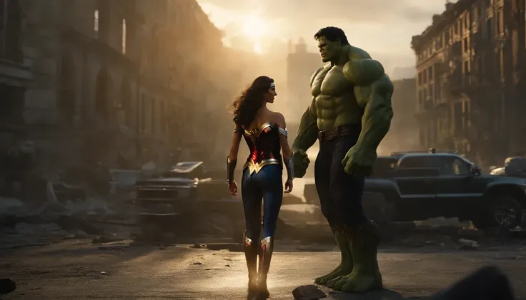 realistic, personality: [Illustrate the Hulk-Hulk, in the destroyed cityscape. The sun is setting behind him, casting a golden glow on the scene. Suddenly, a gust of wind catches Hulk-Hulks attention and he turns around. Wonder Woman-Gal Gadot stands befor...