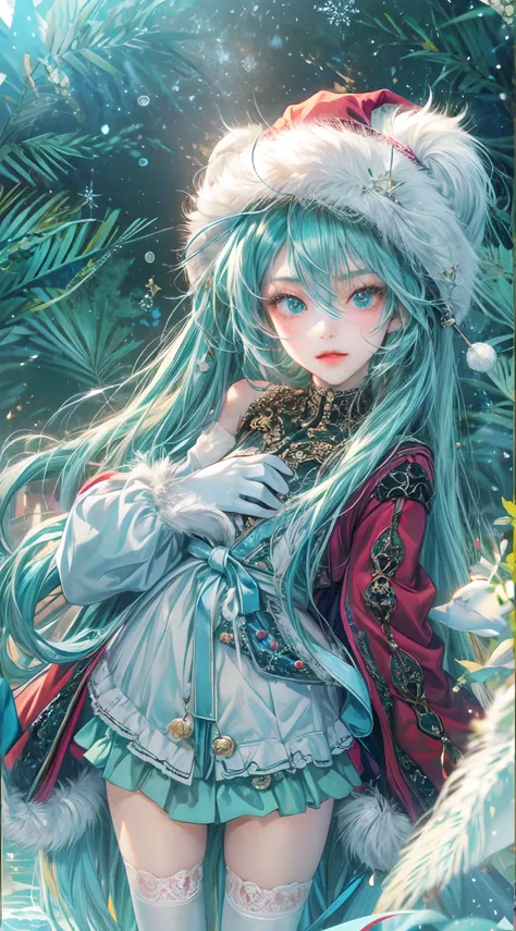 Absurdres masterpiece HDR high quality picture of Hatsune Miku, very young age girl 14 years old with detailed face, simple hair design , beautiful face, simple pose hands hiding in her long hair and clothes, very long hair, ((random hair style:1 )) , anim...