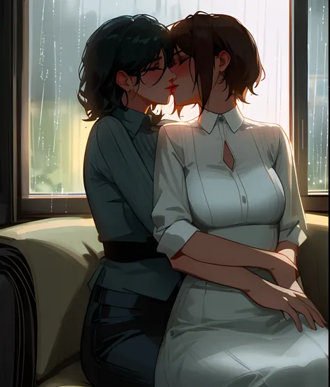 Two lesbian women making out passionately, lips touching, hugging tight, sitting on lap, chair, window, raining outside, night time