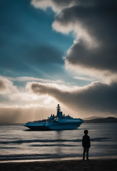 Um garoto negro, Child on a beach in the background of the city overshadowed by the clouds an extraterrestrial spaceship hovering over the city sky, This ship has rich details and blue lights, como se ela tivesse vindo do futuro do ano 5.062