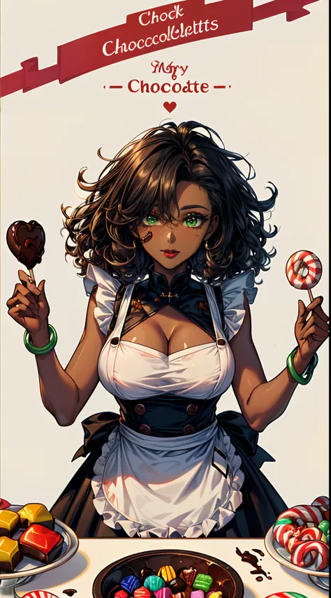 (((Masterpiece, hiquality, absurdress), 1Woman, black hair, curly hair, Afro-curly hair, Green eyes, a perfect face, the perfect body, big breastes, sports body, short stature, (((very dark skin))), 独奏, Detailed eyes and face, makeup, red-lips, apron, Cook...