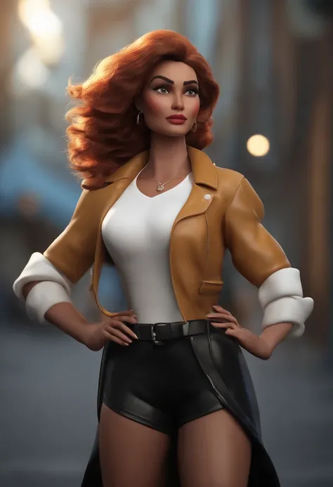 personagem dos desenhos animados de um mulher com cabelos pretos curtinhos e uma jaqueta de couro preta, Black leather pants and white t-shirt, animation character, Caractere estilizado, animation style rendering, 3D estilizado, Arnold Maya render, 3 d ren...