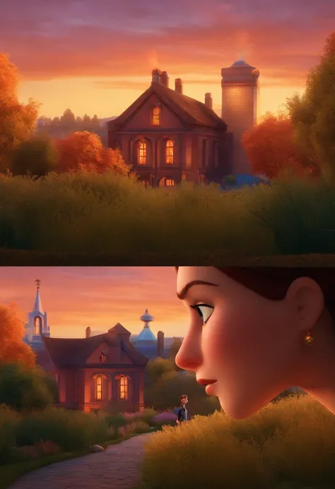 A woman looking at a Magrass flame clinic around building smell in Pixar animation, de perto. The character takes center stage with captivating facial expressions, oferecendo um toque de irrealidade