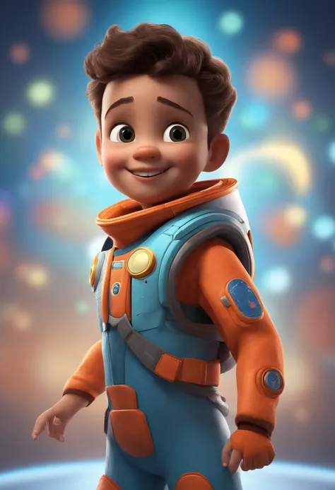 (a happy, cute kid:1.1), (standing:0.9), (short hair:1.1), (wearing:0.9) a (space-themed costume:1.1), on a (white background:1.1). The character has a (bouncy:1.1) and (colorful:1.1) haircut, resembling the (Pixar-style:1.1) animation. The face features (...