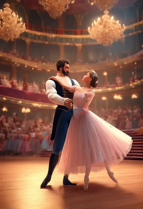 Classical Ballet Illustration, Ballerina dances the pas de deux with her prince The nutcracker in the center stage of the theater, Ballerinas in the background dance, desenhando no estilo de Arte 3D, c4d, fundo de cor branco puro, estilo disney, estilo pix...