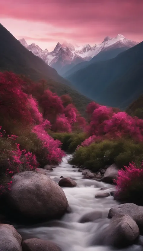 imagem realista de uma paisagem montanhosa com um rio que passa por ela.
The colors used in the image are predominantly pink, vermelho e preto com um pouco de branco e cinza.
The image is of a mountain valley with a river running through it.
The river is b...