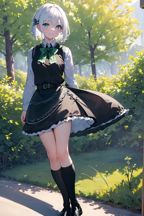 masterpiece, best quality, highres, 1girl white hair blue eyes x hair ornament,(wearing black footwear, kneehighs, green skirt, ...