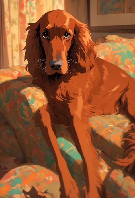 （The whole body is brown：1.8），Brown Irish Setter，on a couch，looking at the camera，（Arco de rosto：1.5），Parece muito divertido，biologicamente correto