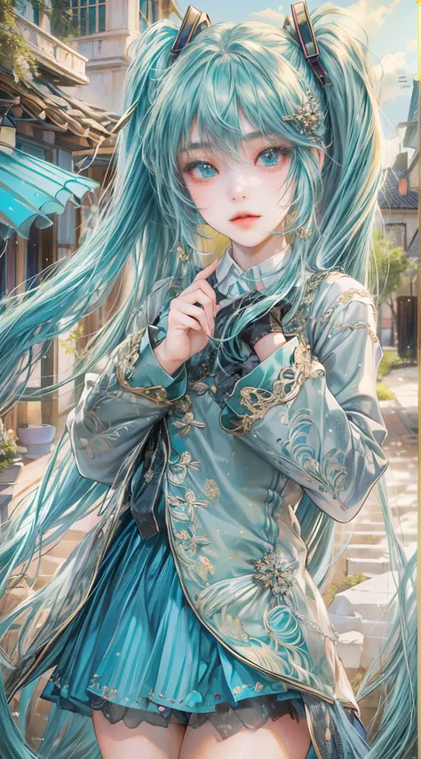 Absurdres masterpiece HDR high quality picture of Hatsune Miku, very young age girl 14 years old with detailed face, simple hair design , beautiful face, simple pose hands hiding in her long hair and clothes, very long hair, ((random hair style:1 )) , anim...