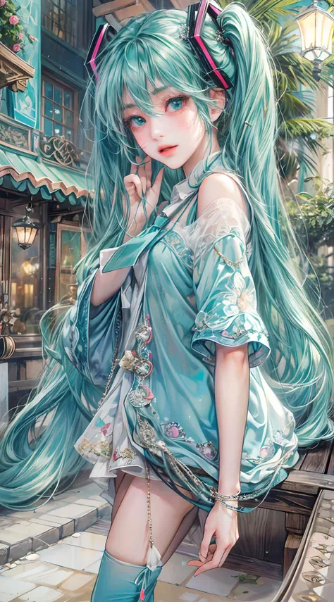 Absurdres masterpiece HDR high quality picture of Hatsune Miku, very young age girl 14 years old with detailed face, simple hair design , beautiful face, simple pose hands hiding in her long hair and clothes, very long hair, ((random hair style:1 )) , anim...