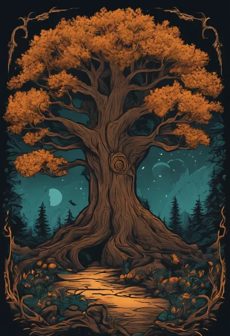 /imagine prompt: wizard tree illustration for a sticker with a black background, in bold outline style, jagged edges, trashcore, light shading --v 5.2