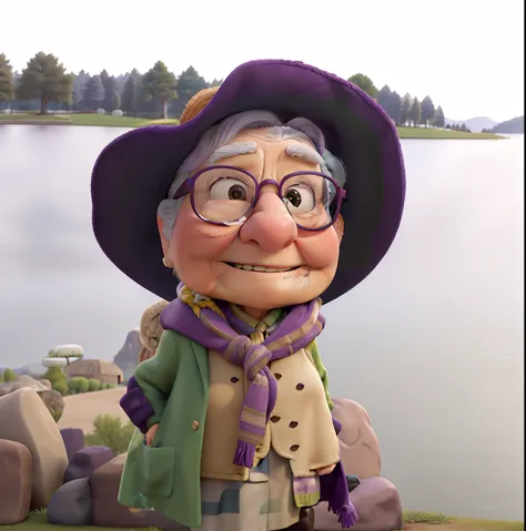 masterpiece, best quality, an old woman with glasses and a scarf on, wearing a purple coat and green scarf, standing at the park