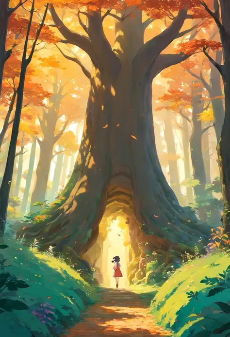 Step into the heart of a Studio Ghibli-inspired enchanted forest where autumns magic weaves through every detail. Visualize ancient, towering trees draped in rich, russet leaves, reminiscent of Ghiblis stunning artistry. A soft, golden light filters throug...