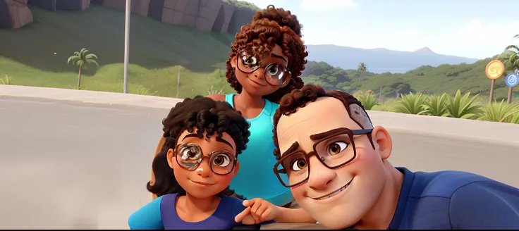 Uma mulher cabelos cacheados de pele morena, A fair-skinned, curly-haired child and a man with short, shaved hair on the sides of brown skin with high quality orange glasses