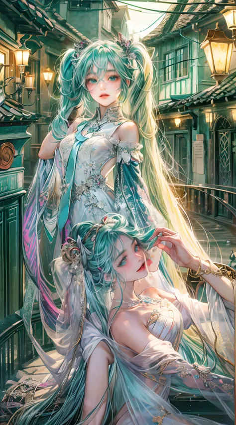 Absurdres masterpiece HDR high quality picture of Hatsune Miku, very young age girl 14 years old with detailed face, simple hair design , beautiful face, simple pose hands hiding in her long hair and clothes, very long hair, ((random hair style:1 )) , anim...