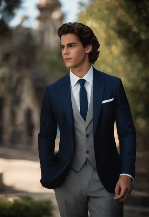 Imagem de um menino branco para uma historia da Disney, He is wearing a black suit with a blue shirt and gray tie, tem cabelo bem curto e claro, e possui olhos azuis