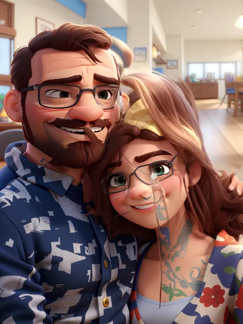 "Um casal ao estilo da Pixar, alta qualidade, best quality, e homem de olhos castanhos com barba fechada."