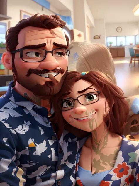 "Um casal ao estilo da Pixar, alta qualidade, best quality, e homem de olhos castanhos com barba fechada."