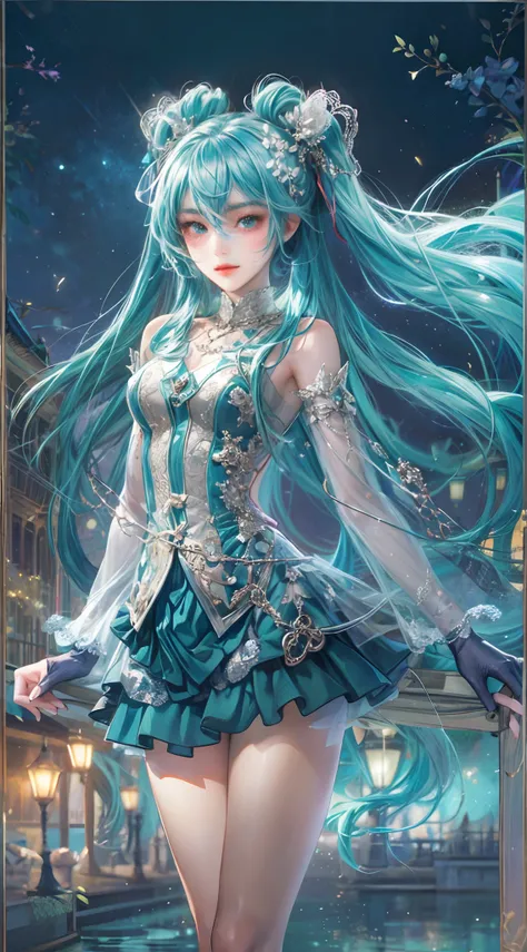 Absurdres masterpiece HDR high quality picture of Hatsune Miku, very young age girl 14 years old with detailed face, simple hair design , beautiful face, simple pose hands on waist pose and hands are hiding in her hair and clothes , very long hair, ((rando...