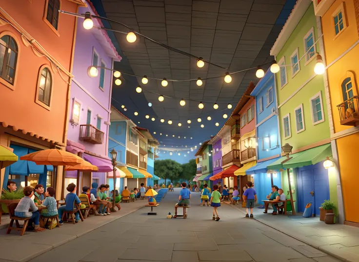 imagem estilo pixar de villa com casas colirdas, Tables on the sidewalk with people sitting, Hanging light rod