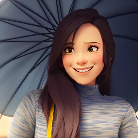 mulher sorrindo, dia de chuva, estilo disney pixar, alta qualidade, melhor qualidade