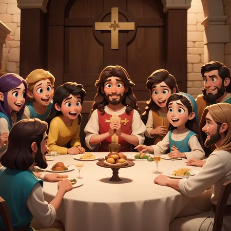 Disney Pixar Bible Stories: Jesus and His Twelve Disciples in Holy Communion, Jesus is sitting at the end of the table smiling and His disciples around Him happy.