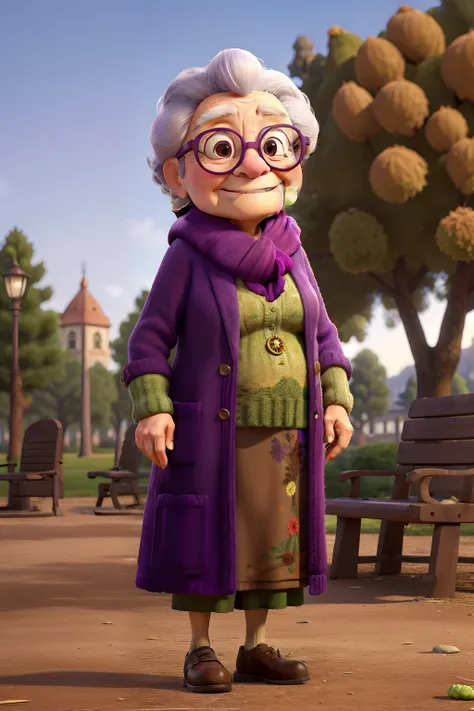 masterpiece, best quality, an old woman with glasses and a scarf on, wearing a purple coat and green scarf, standing at the park