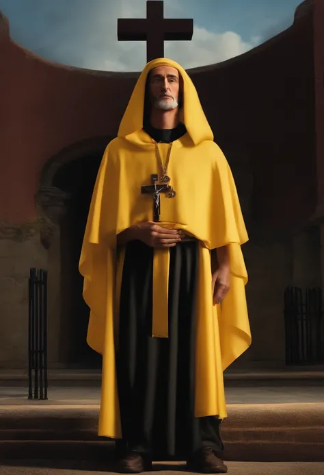 Um padre com roupas e touca preta, with a crucifix around his neck, em frente uma escola amarela  em forma dos filme pixar