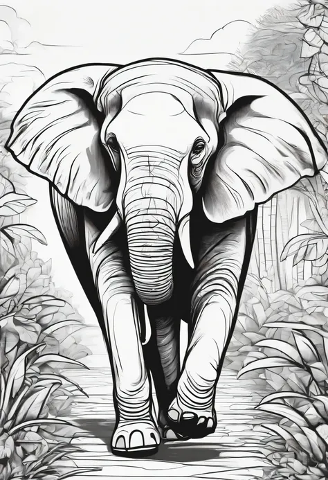 an elephant walking in a pathway, line art, cartoon character, 3d style, high-quality, coloring book, hand-draw, lineart,