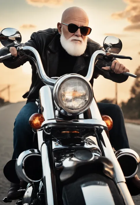 a Disney Pixar 3D style poster of an elderly man with glasses, bald head and a white beard riding a Harley Davison 883 on a motorcycle ride