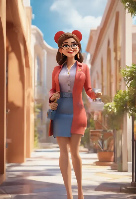 a Disney Pixar style 3D movie poster in high quality with the text "CEO em Empire Lives" Como uma mulher de cabelo castanho claro, feliz com cabelo longo, Blazer, T-shirts and arms crossed. vestindo um casaco branco, Brincos grandes, pulseiras e correntes ...