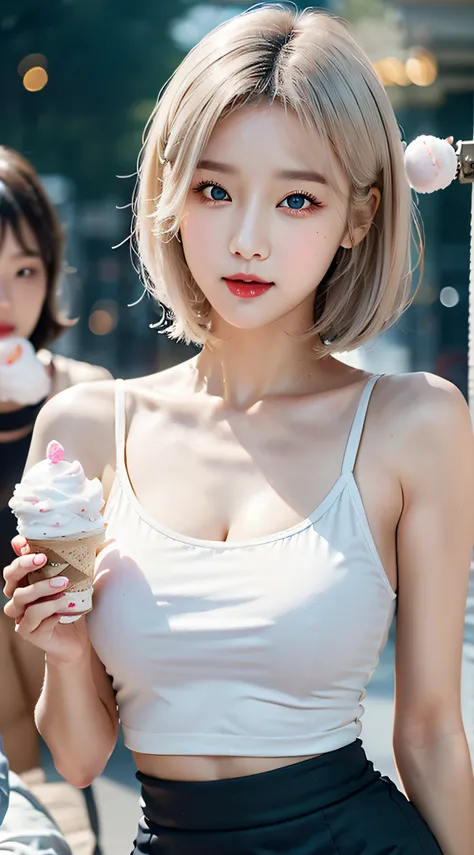 Korean woman holding ice cream cone, Sweet Girl, white tank top,Woman with wavy silver hair, bangss, brown  eyes, Red lips,Black short skirt