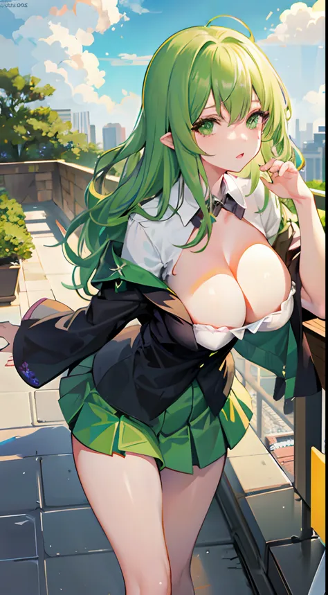 1girl, green hair, green eyes, big boobs, Daylight, rooftop, mini garden, rainbow, sparkling, clouds, bent over, plant, shirt, skirt, lingerie, ice, watery