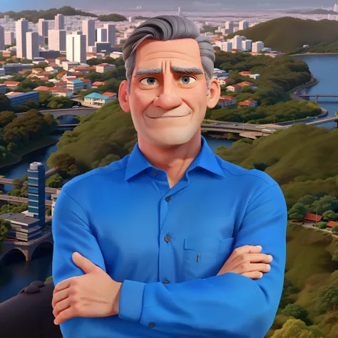 Um homem de 60 anos, Gray hair slicked back, camisa social azul, folded arms. O fundo a cidade de Piracicaba, com seu rio, ponte, woods and buildings.