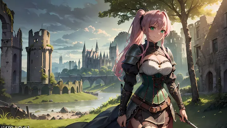 ​masterpiece, 1girl ((20year old, dressed in a a knights armor, corset, medium breasts, boots, multicolor pink hair, twin ponytails, perfect model body, detailed green eyes:1.5, flirting, happy, big smile, cosplay as a sexy knight with armor and corset, wa...