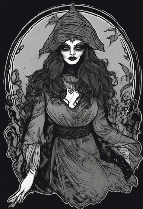 /imagine prompt: evil witch illustration for a sticker with a black background, in bold outline style, jagged edges, trashcore, light shading --v 5.2