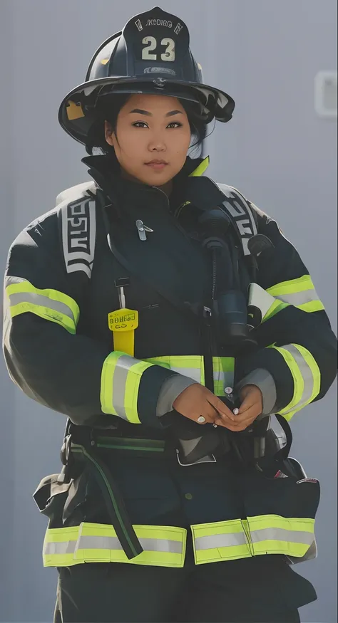 arafed hot thick muscular afro Asian American female firefighter in uniform standing in front of a building, chubby cheeks and cute dimples beautiful serious face staring at the camera front view, firefighting gear, fireman, full body close-up shot, powerf...