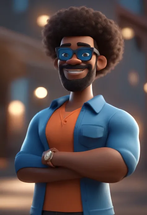 Cartoon character of a black man with beard with black glasses and a blue shirt, animation character, Caractere estilizado, animation style rendering, 3D estilizado, Arnold Maya render, 3 d render stylized, toon render keyshot, Personagem 3D, Personagem 3D...