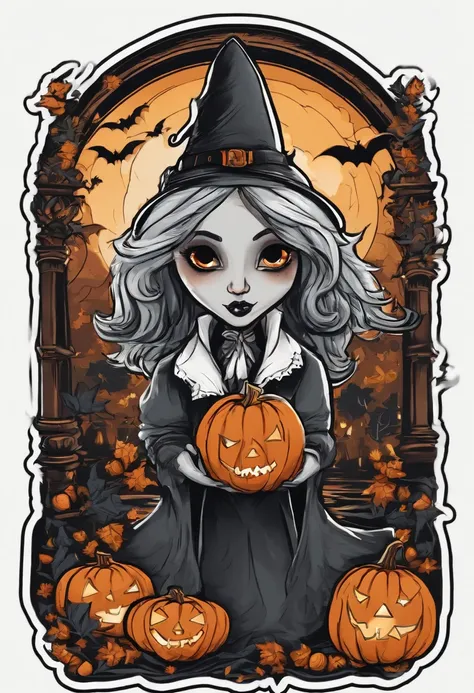 /imagine prompt: Halloween illustration for a sticker with a black background, in bold outline style, jagged edges, trashcore, light shading --v 5.2