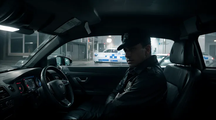 High contrast image of a scared police officer in a police car, dark and gloomy environment, ultra realistic, night